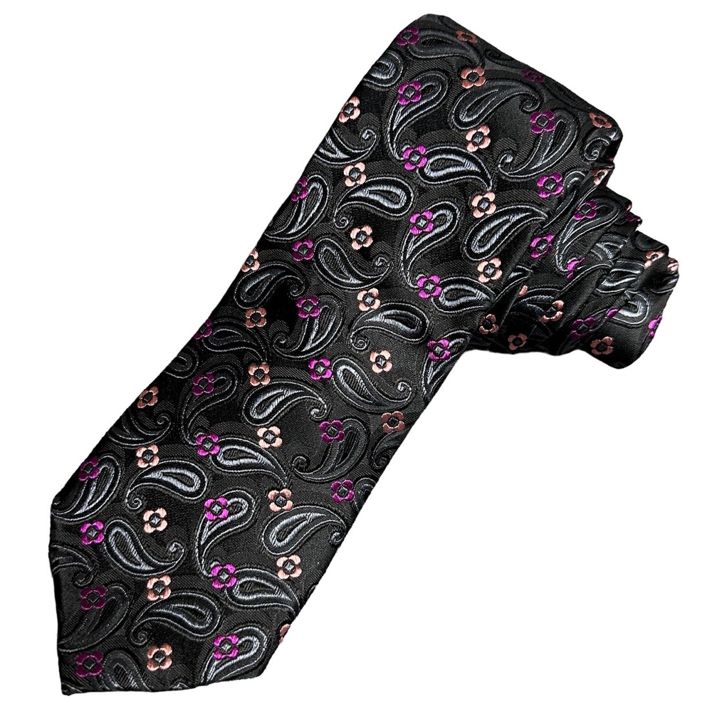 Jhane Barnes Necktie Mens 100% Silk Black Paisley Pink Floral Print Menswear Tie